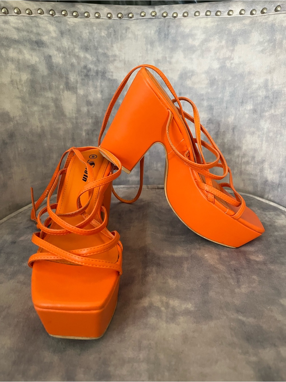 Orange Strappy Platform Heels - Women